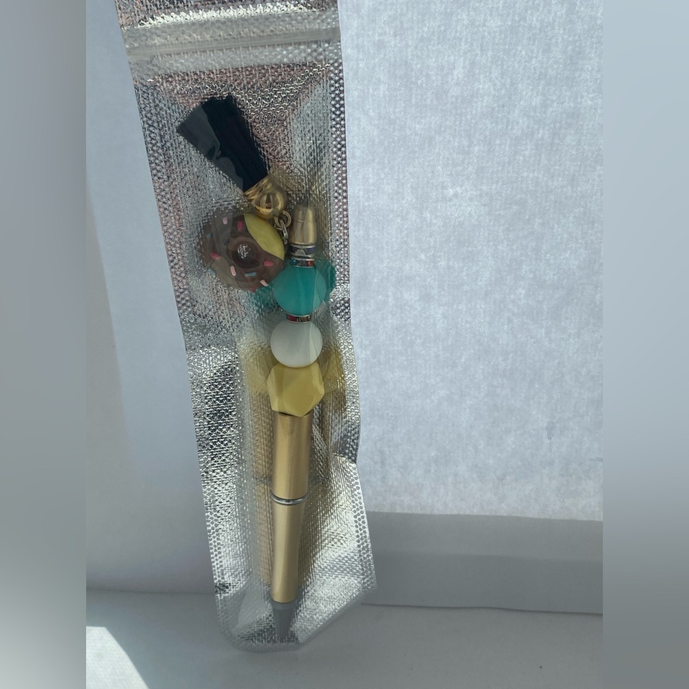 Gold Pen with Colorful Beads and Donut Charm